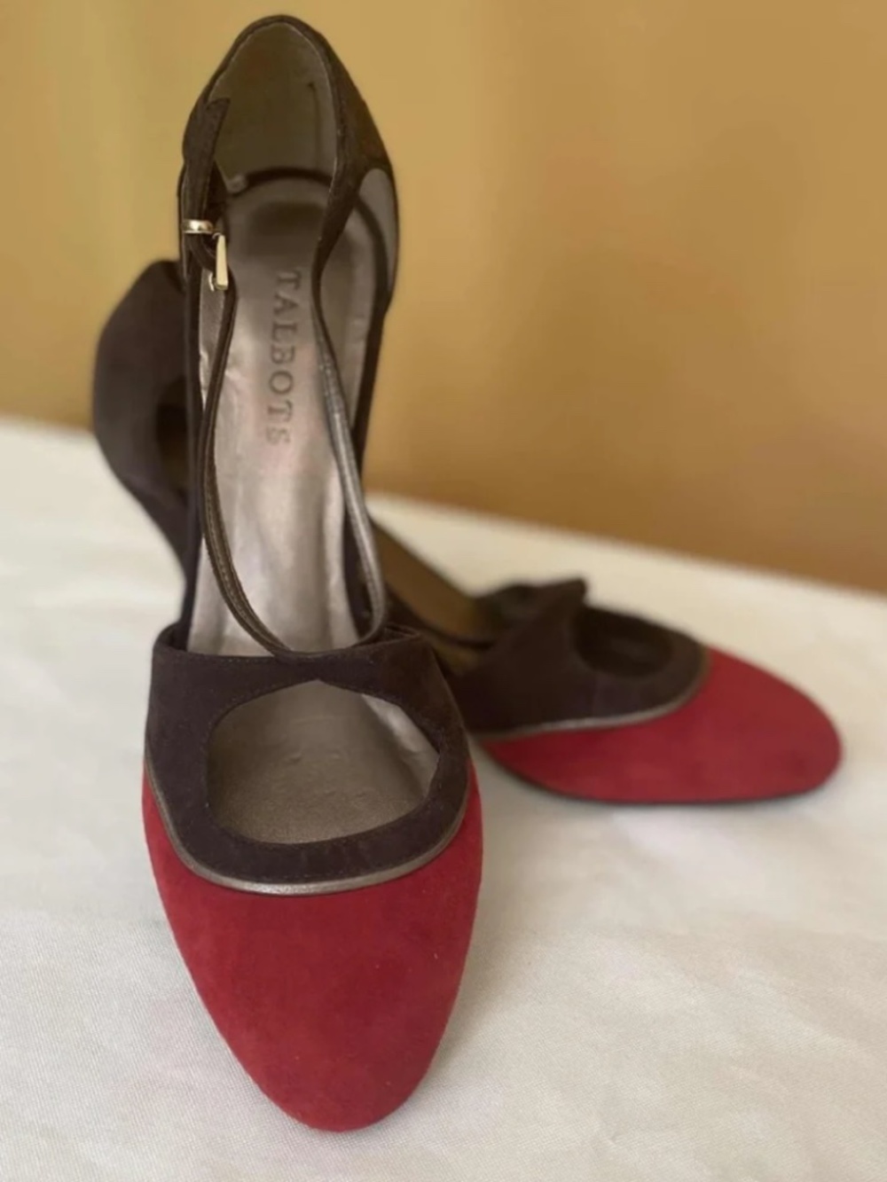 Talbots Red & Brown Suede Mary Jane Heels - Color Block Ankle Strap Pumps Shoes